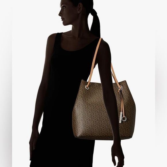 CALVIN KLEIN Handbag Women's Brown Logo Leather Large Tote Purse AUTHENTIC - Picture 10 of 11